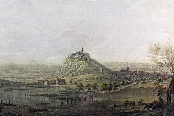 Der Michaelsberg mit der Benediktinerabtei und die Stadt Siegburg von Norden, um 1800, kolorierter Kupferstich von Johann Ludwig Bleuler