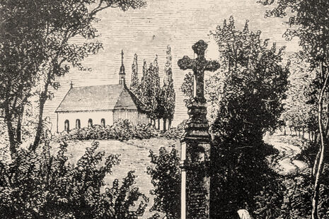 Die Kapelle St. Peter, Namensgeberin des Petersberges, auf einer Lithografie, um 1860