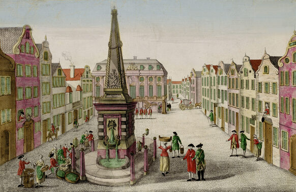 La place du marché avec l’auberge Zehrgarten (2e maison à droite) et  l’ancien hôtel de ville (au centre), vue de la 2e moitié du XVIIIe siècle