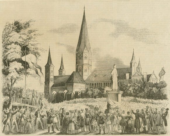 Gathering for the solemn unveiling of the Beethoven Monument on  Münsterplatz on 12 August 1845